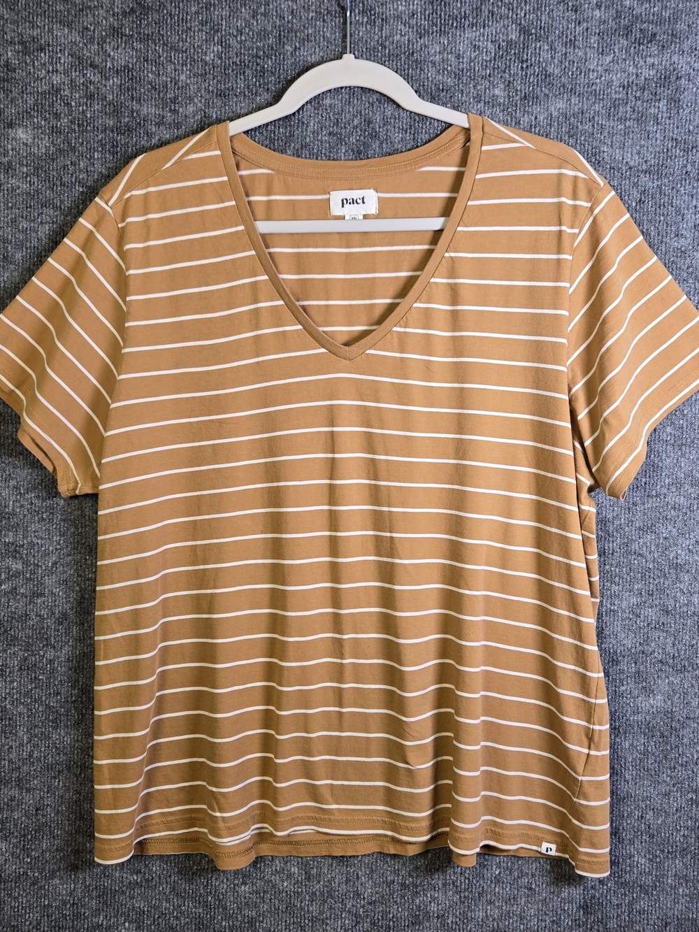 Pact T Shirt Womens XXL Light Brown Stripe Cotton V Neck Short Sleeve Relaxed